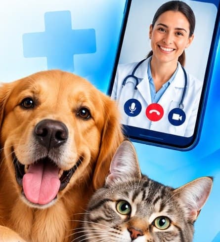 Cachorro e gato ao lado de uma veterinária em atendimento por vídeo