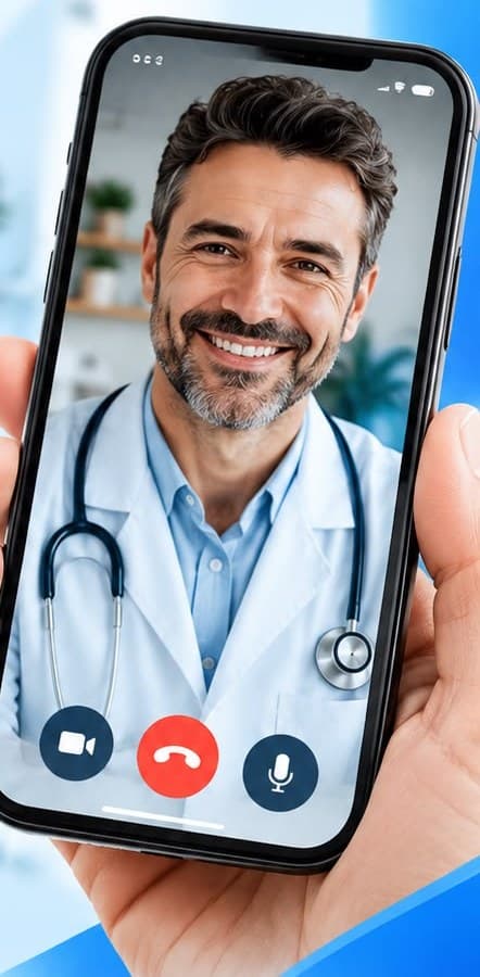 Médico em atendimento por vídeo na tela do celular